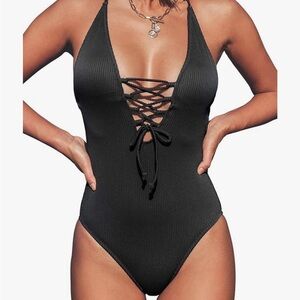 CUPSHE Women's Black V Neck Lace Up One Piece Swimsuit size Large